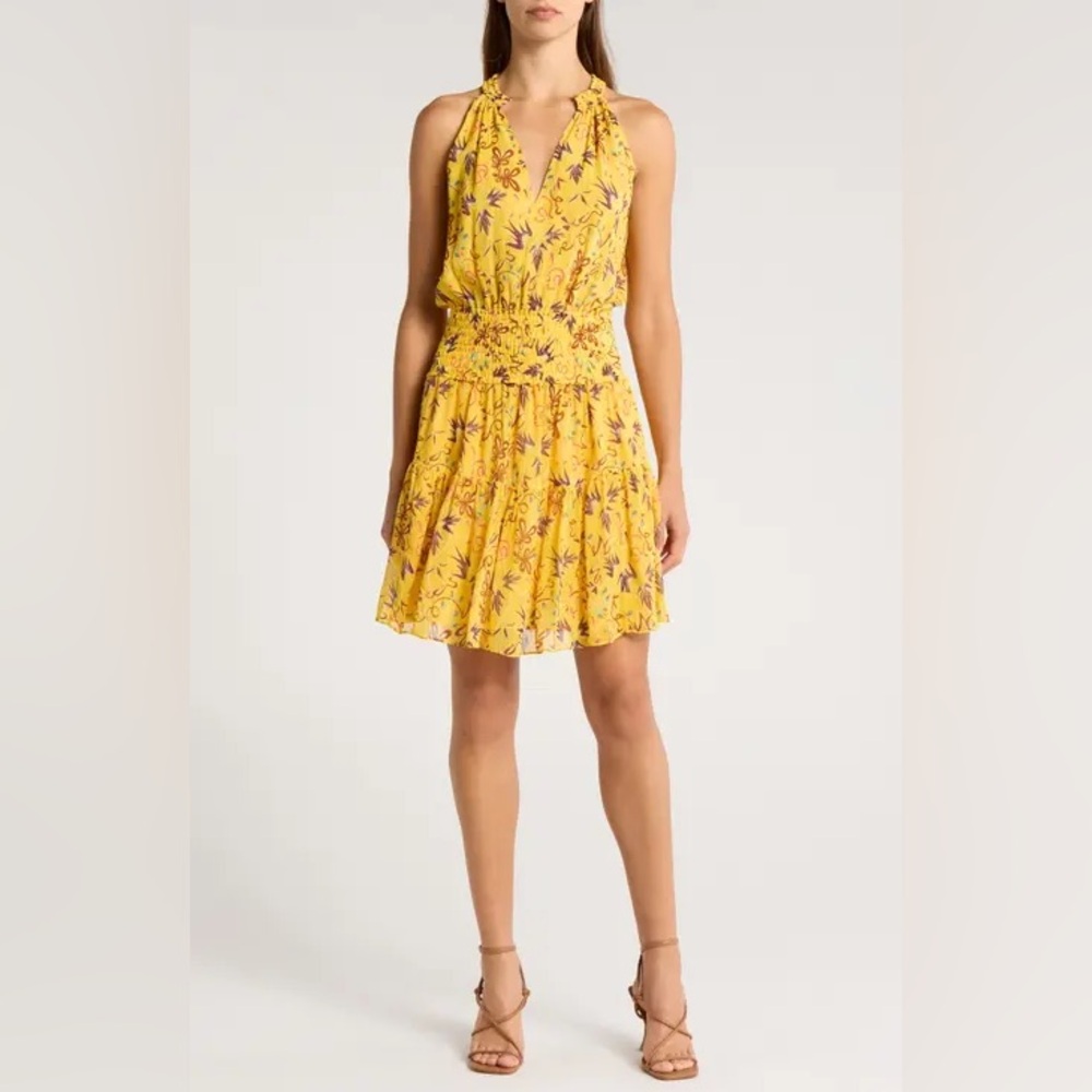 ALC Yellow Floral Silk Sleeveless Mini Dress Size XS